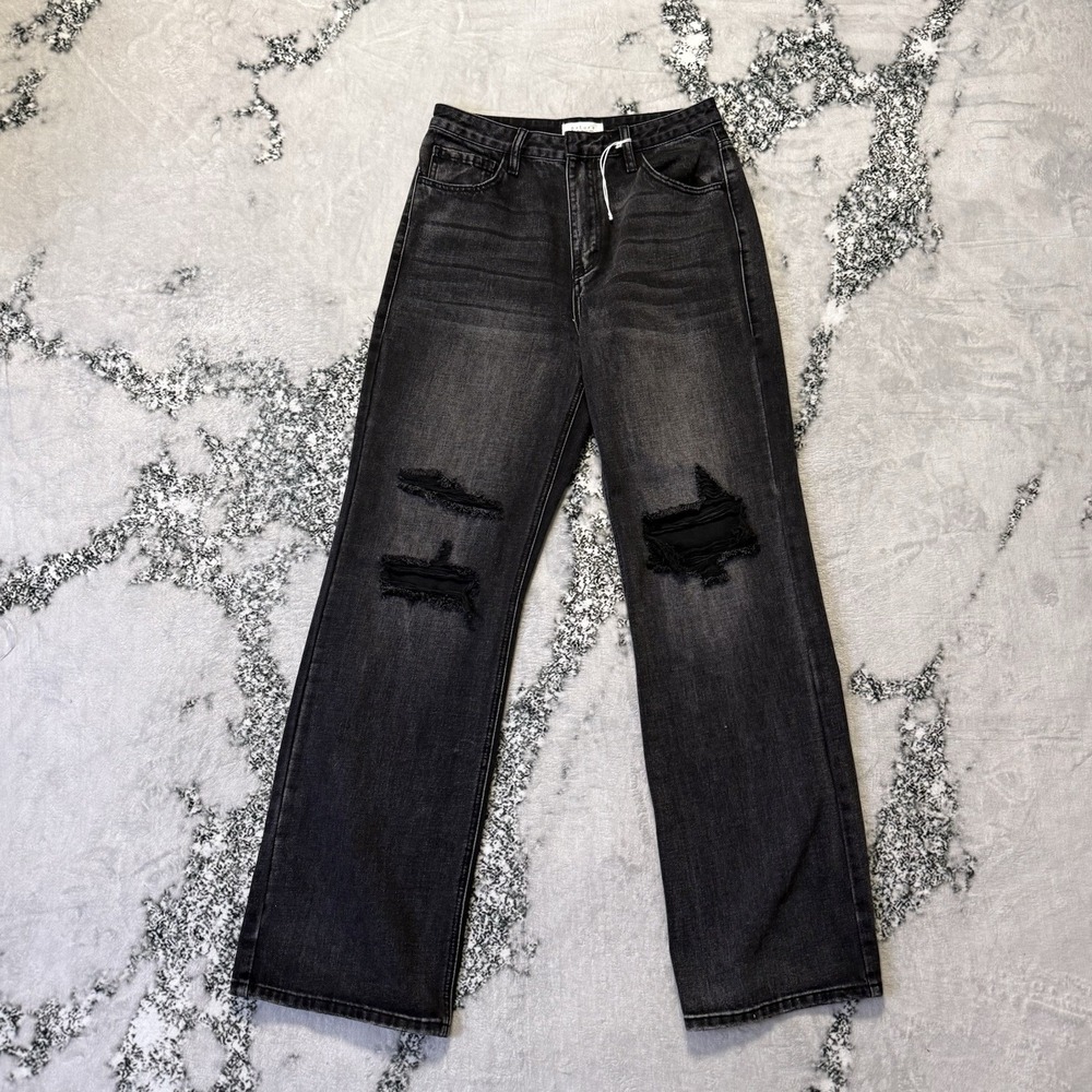 Nature Denim Jeans Womens Size 9 Gray Distressed Knees Straight Leg 100% Cotton
